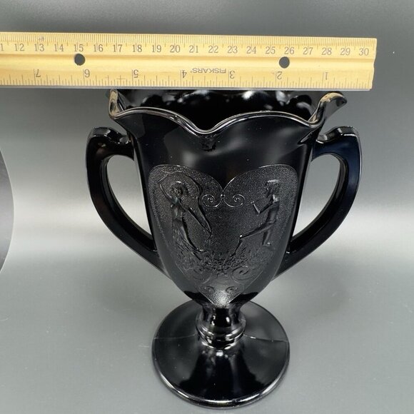 L E Smith Black Amethyst Glass Dancing Nymphs Trophy Glass Vase Etched Vintage - Picture 4 of 14